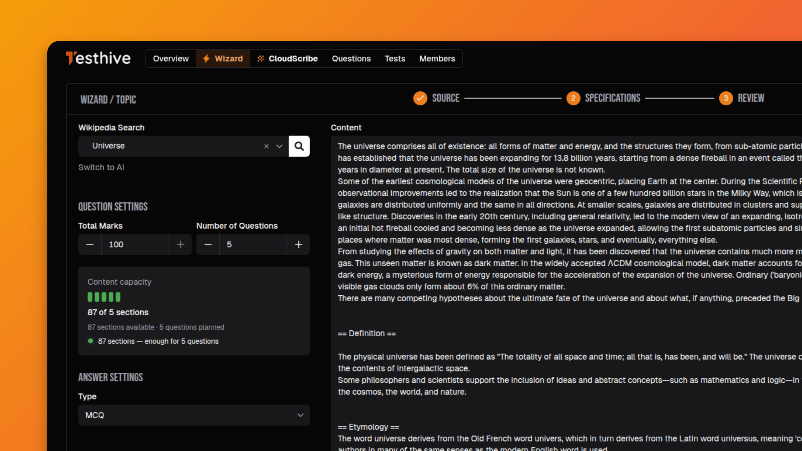 Test creation dashboard